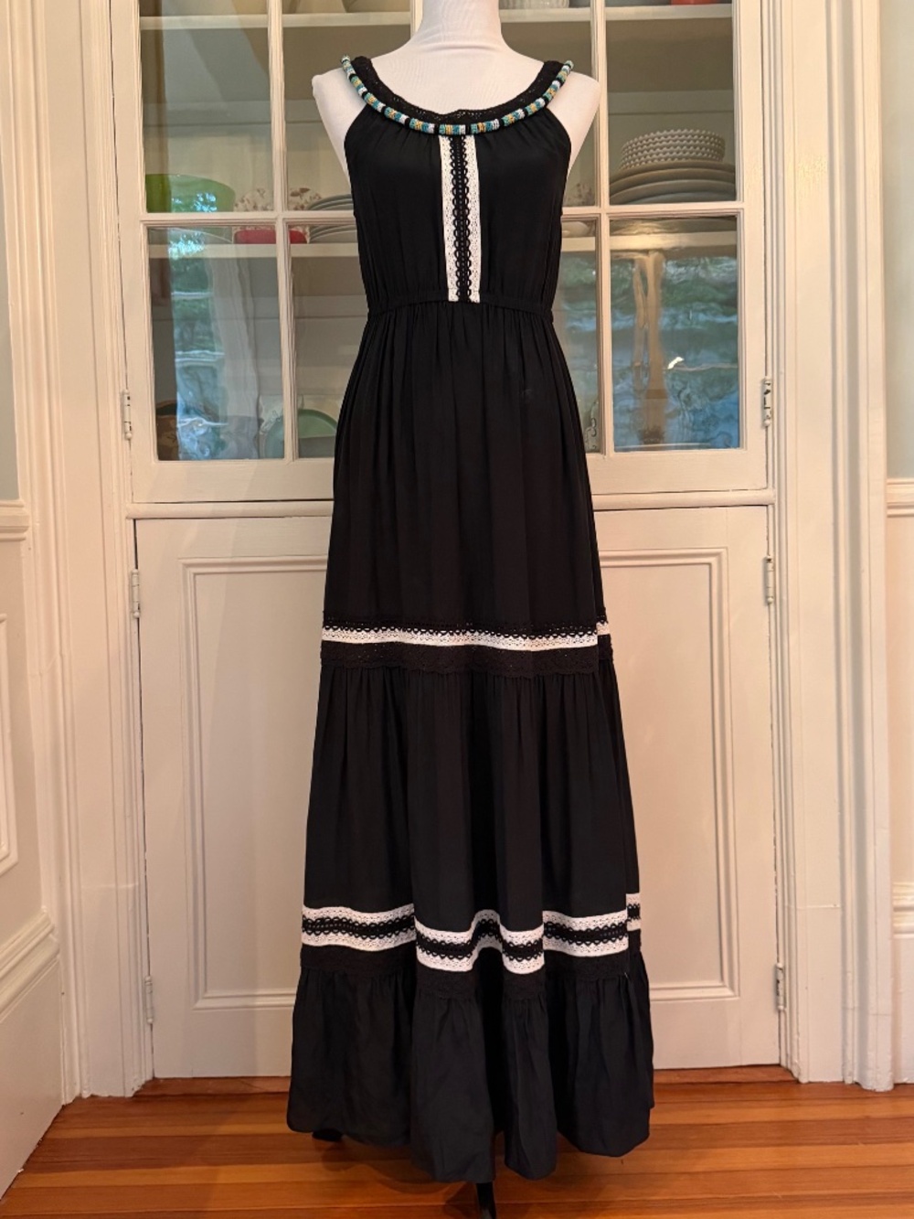 Calypso St. Barth Black Silk Maxi Dress, Beaded Collar, Size Small, Lace, Tiered